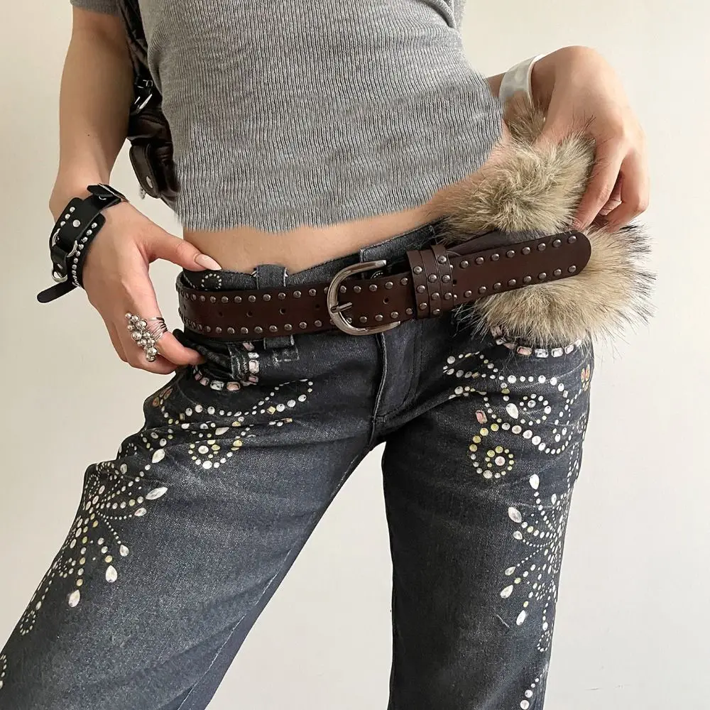 حزام فرو جلدي عتيق على الطراز الغربي من الفرو الصناعي Y2K حزام جينز ديكور حزام فاسق يوميًا