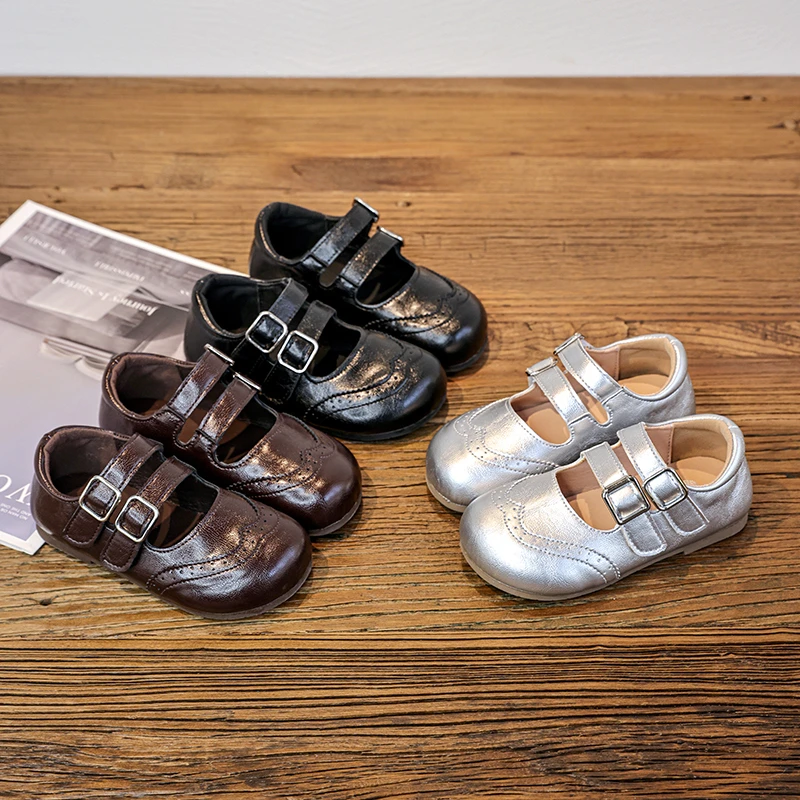 

2026 Korean-style New Kids Dress Shoes Soft Sole Classic Party Footwear Toddler Girls Retro Shoes with Double Buckle Straps
