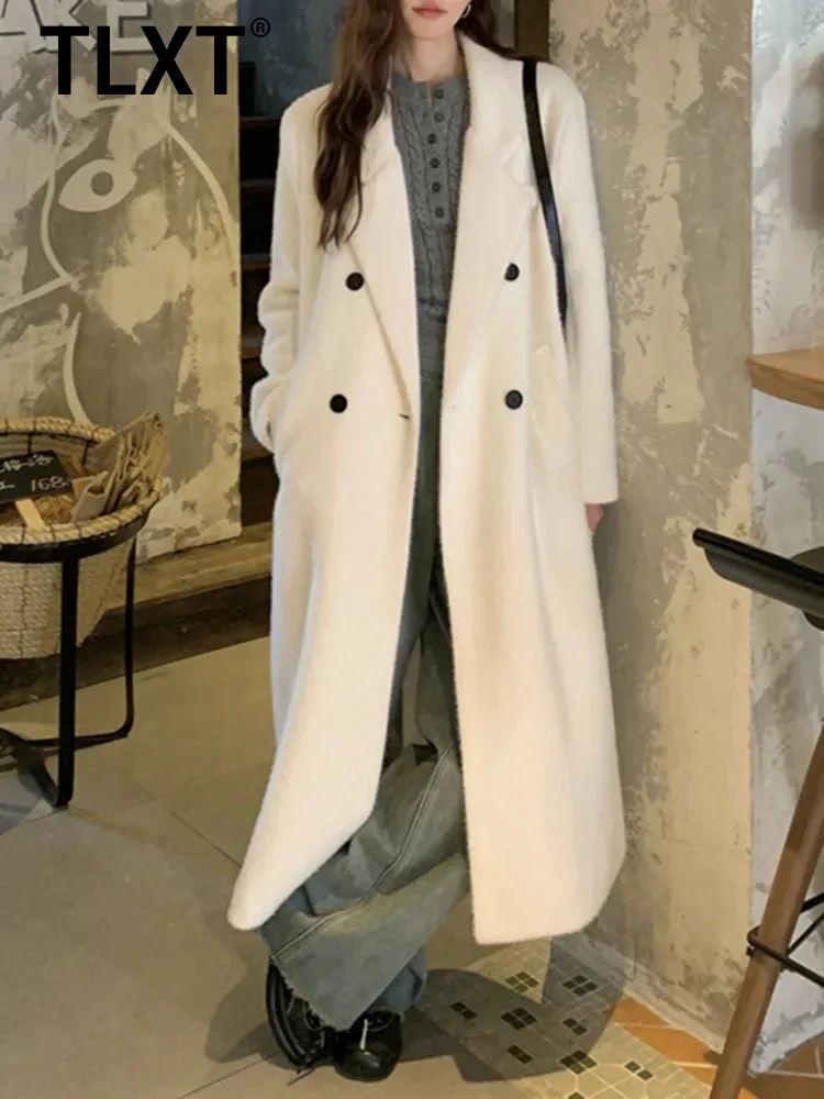 

TLXT Korean Style Elegant Women's Woolen Coats High-end Loose Slimming Long Sleeve Double Breasted Overcoats 2025 Winter New
