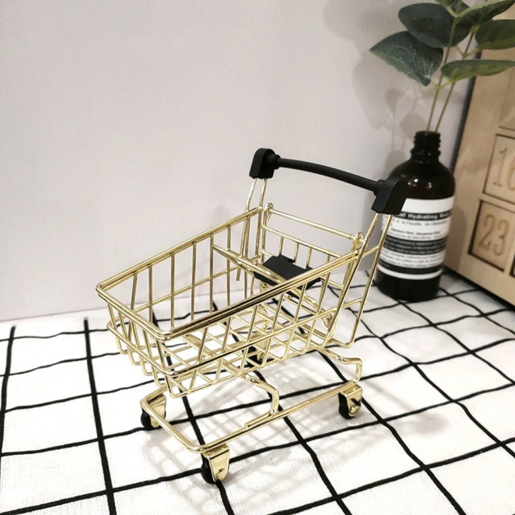 

Cart Storage Basket Trolley Ornaments Hand Delicate Shopping Carts Toy Tabletop Decoration Golden Mini Basket Model