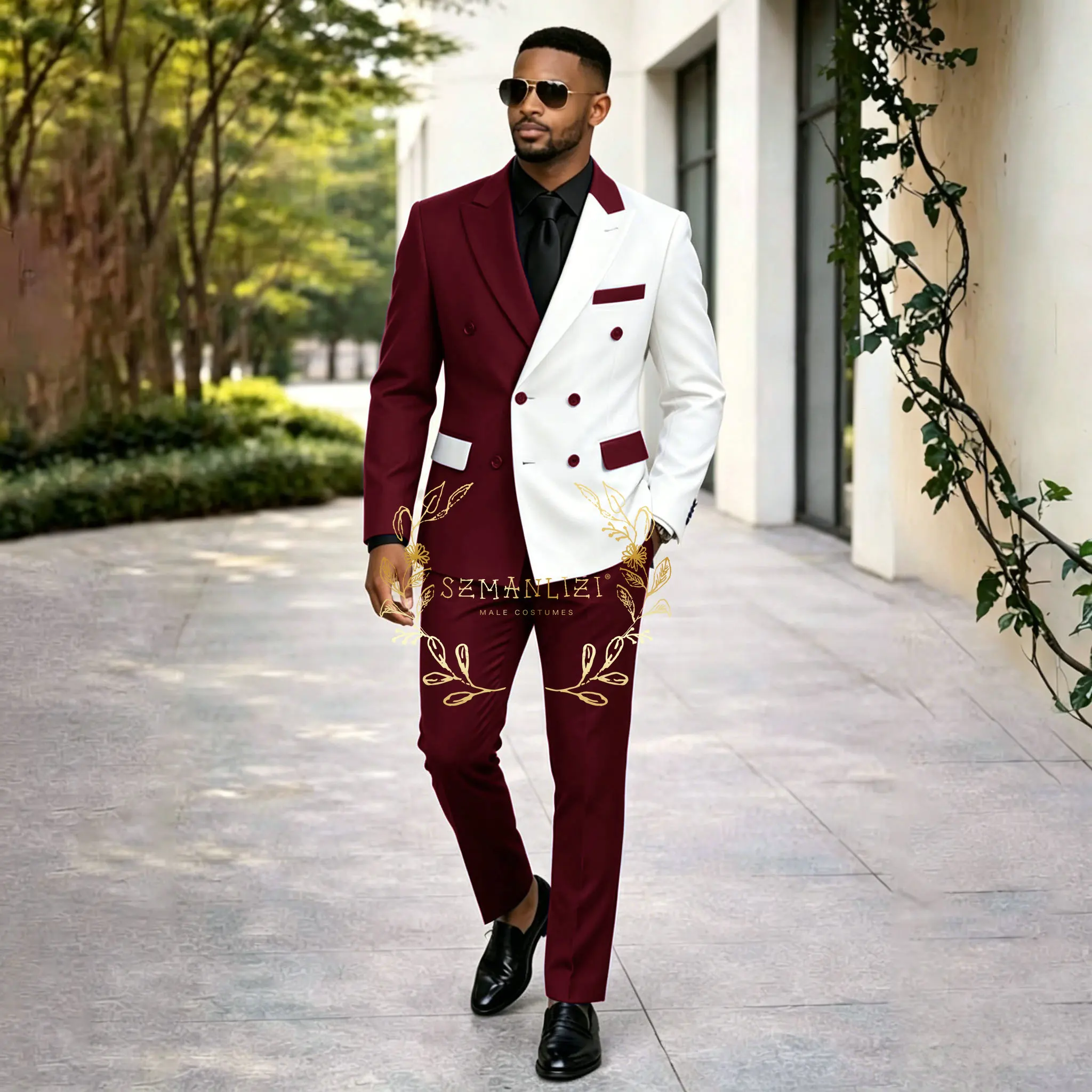 

Fashion White And Burgundy Formal Men Suits Tailor-Made 2 Pieces Blazer Pants Double Breasted Slim Wedding Groom Party Tuxedos