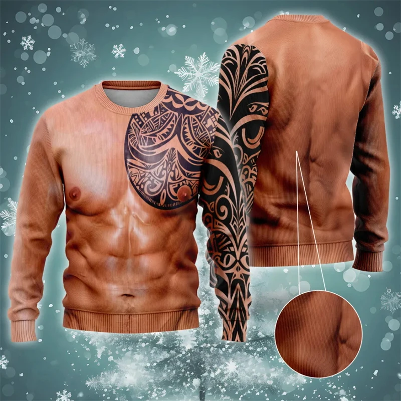 

Рождественский свитер с 3D принтом из искусственного АБС-пластика для мужчин, уличная одежда, спортивные пуловеры для спортзала, спортивный костюм для косплея с шестью растрепанными мышцами, свитер