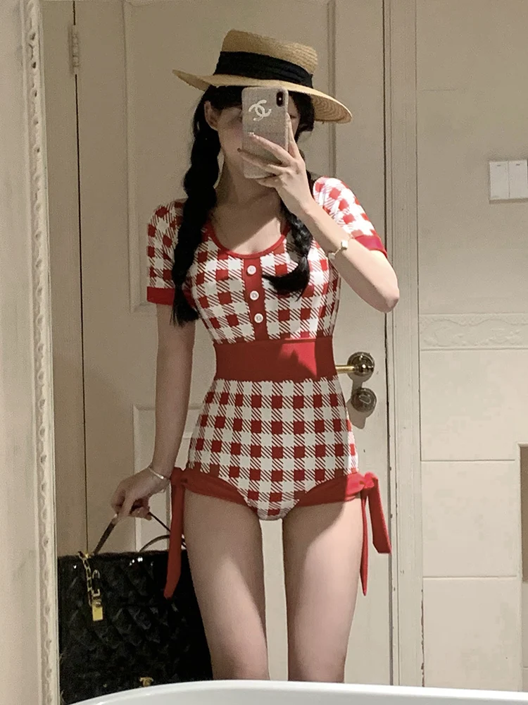 Red One-Piece Swimsuit for plus Size Girls Short Sleeve Slimming Retro Style Conservative Cut Square Neck Nylon Spandex Polye...