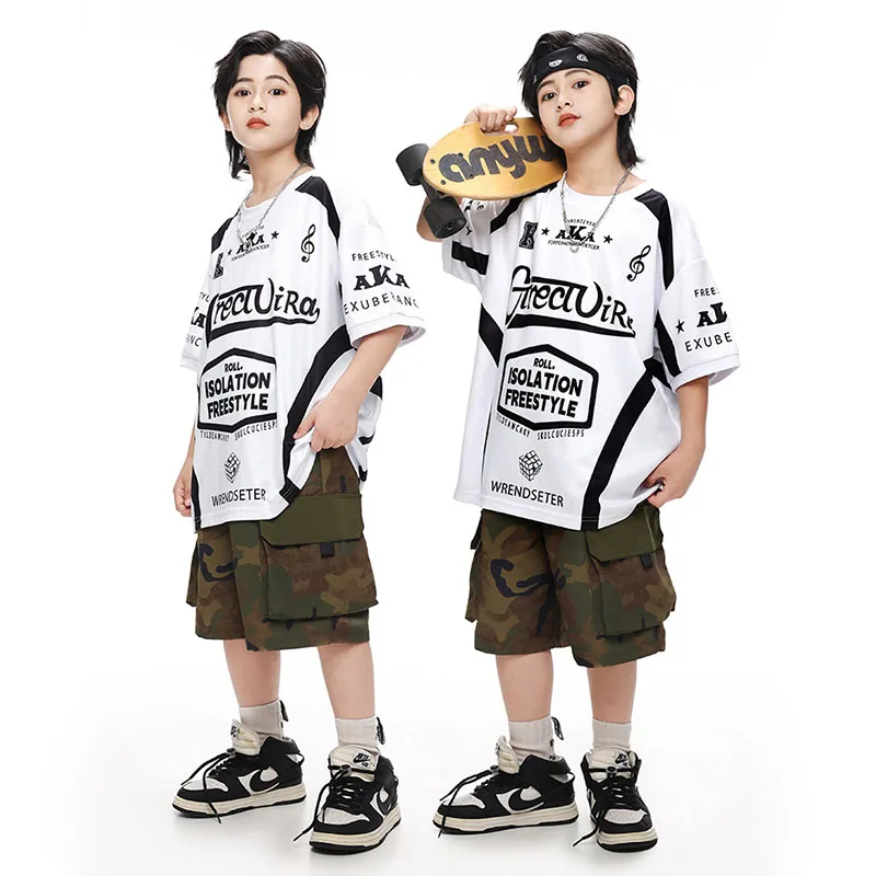 

Kid Cool Hip Hop Clothing White Letter Print T Shirt Camouflage Casual Cargo Shorts for Girl Boy Jazz Dance Wear Costume Clothes