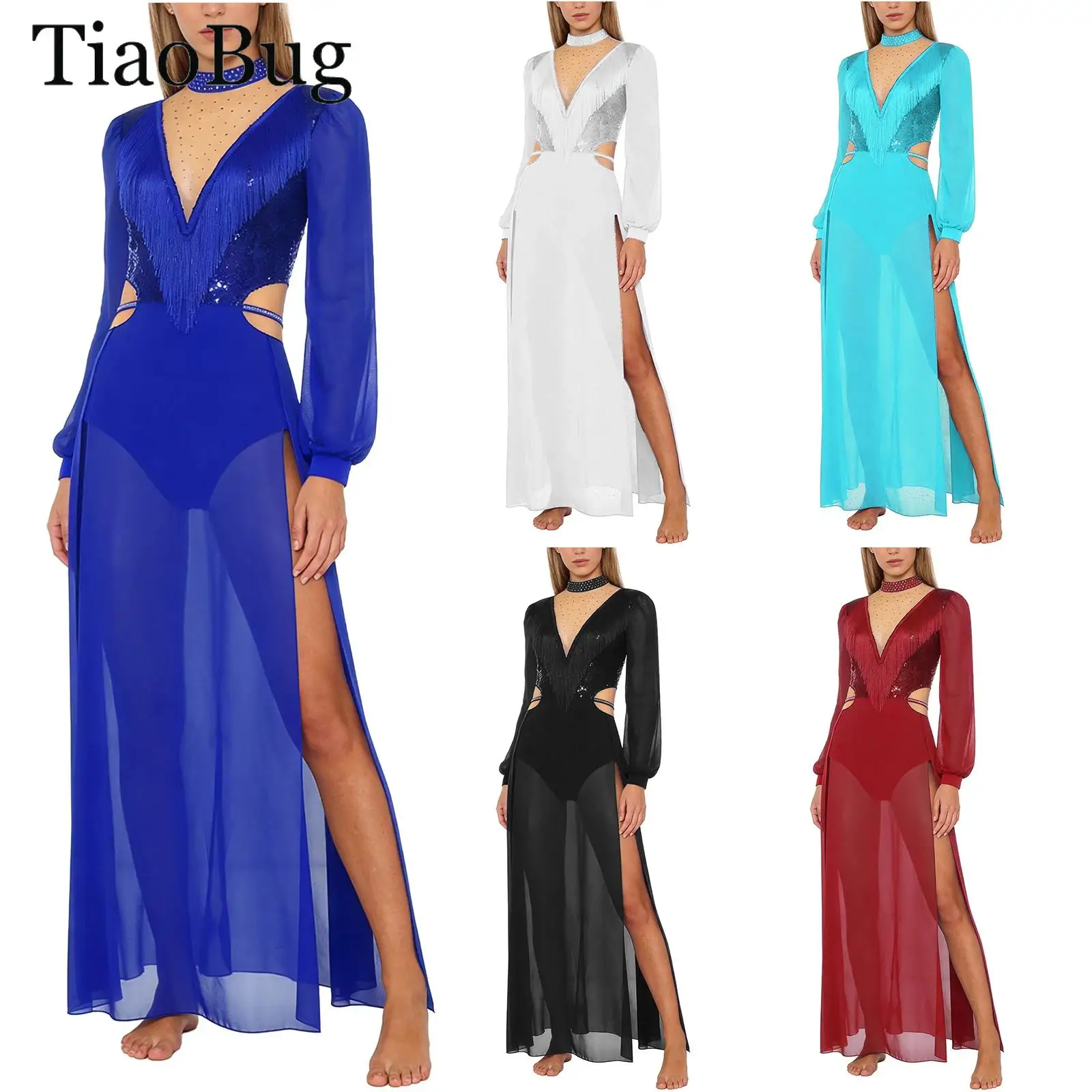 

Womens Belly Dance Fringed Dress Shiny Sequin Tassel Long Sleeve Bodysuit Slit Chiffon Maxi Dress Ballroom Latin Rumba
