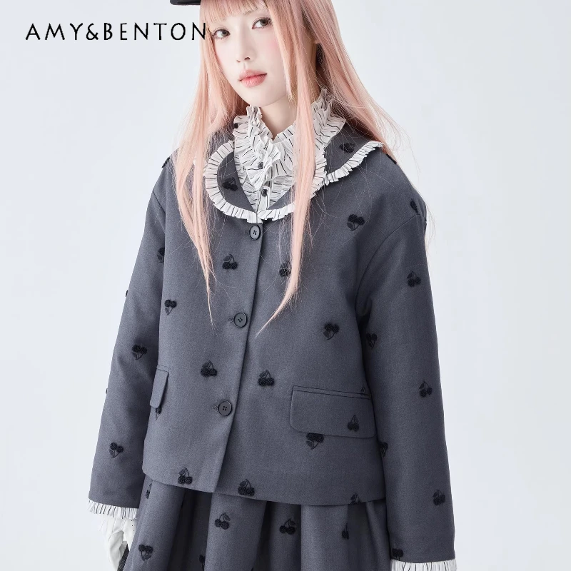 

Original Design Gray Girl Color-Block Ruffled Cotton Jackets 2025 Autumn New Fruit Decal Doll Collar Loose Short Jacket Ladies
