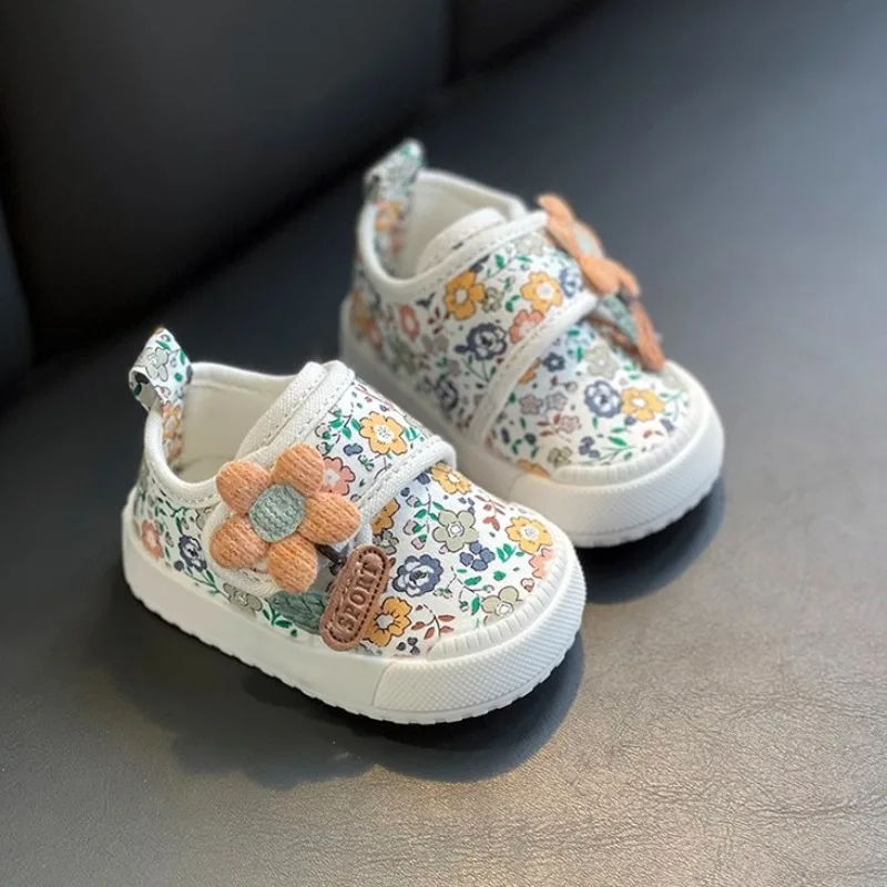 Girls' First Walking Shoes for Toddlers 1-3 Years Floral Pattern Soft Sole Cloth Sneakers Spring Summer Comfortable Baby Shoes
