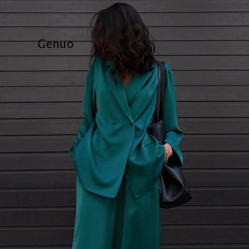 

Elegant Green Satin Pants 2 Piece Sets Slweepwear for Women Casual Loose Pajamas Set Long Sleeve Wide Leg Trouser Suit Outifits