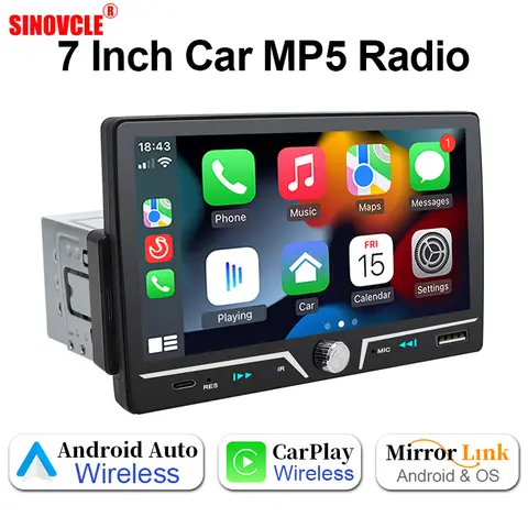 Hippcron Radio de coche 1 Din inalámbrico Android Auto Carplay MP5 estéreo 7 "pantalla IPS Bluetooth Mirror Link tipo C carga Universal