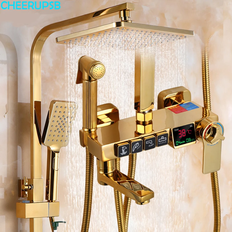 

Gold Rain Bath Faucet Bathroom Hot Cold Thermostatic Mixer Shower Set Bathtub Wall Mount SPA Rainfall Square Head Shower System