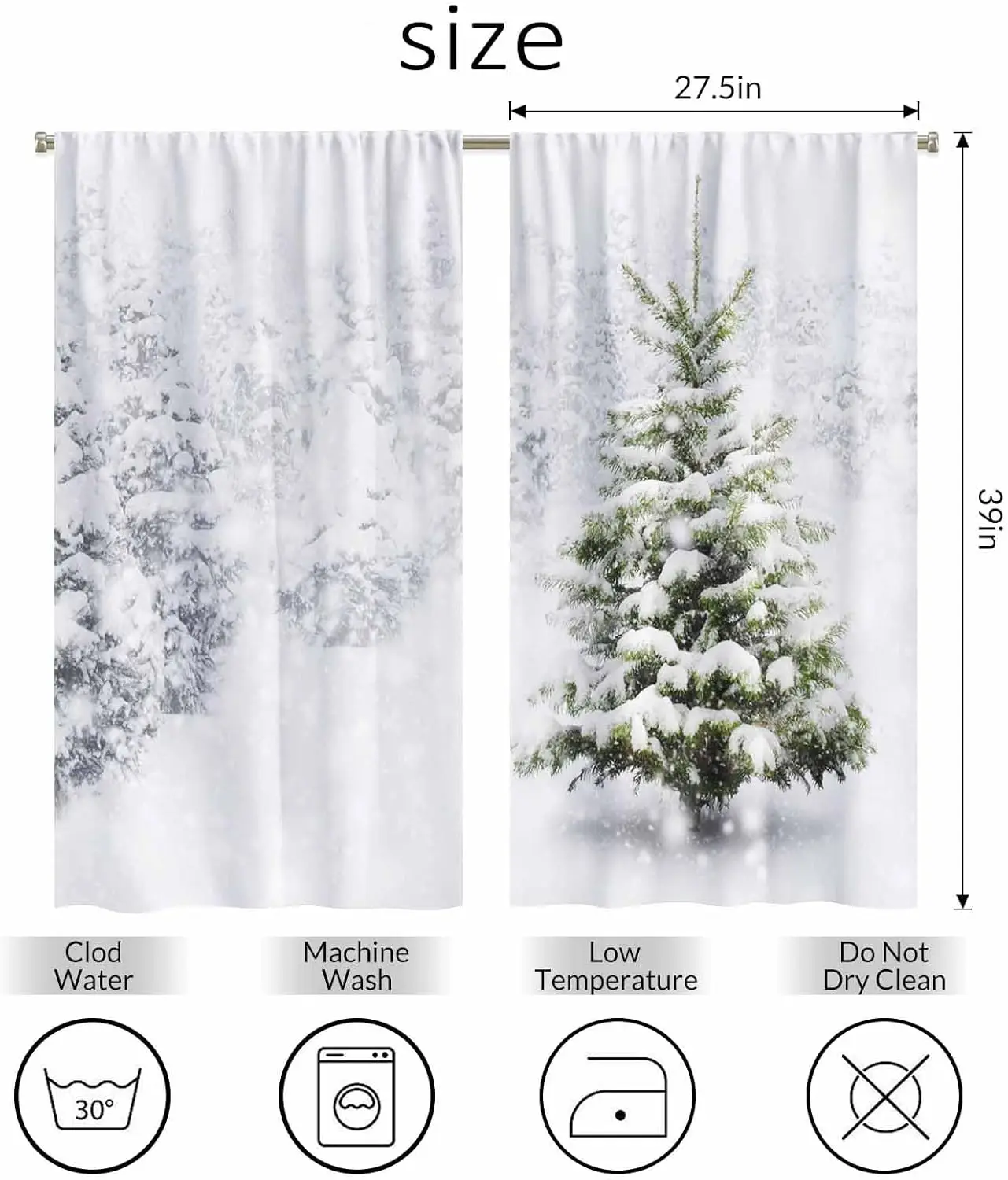 Snow Tree Kitchen Curtains Fir Thick Snow Winter Snowflake Snowfall Short Tier Curtains for Bathroom Cafe Small Window Drapes