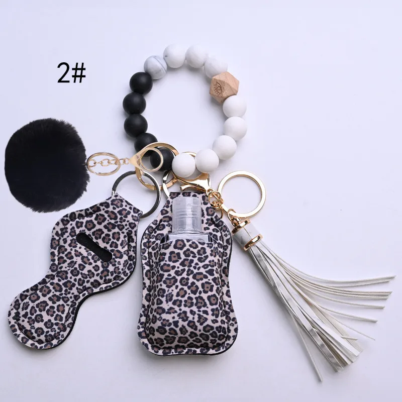 Silicone Keychain with Hand Sanitzer Holder Tassel Wood Beads Bracelet Keyring for Women Wristlet Key Chain Accessories Cute