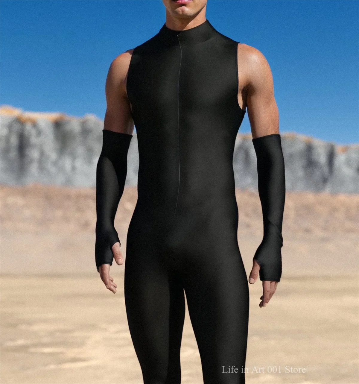 بدلة قطعة واحدة بدون أكمام للرجال والنساء باللون الأسود النقي بدلة تنكرية لحفلات الهالوين بدلة حفلات الهذيان مع قفازات متطابقة