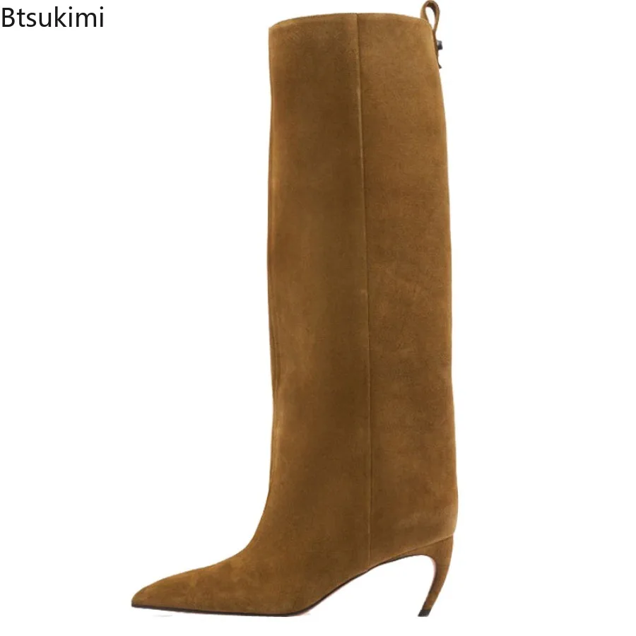 Winter New Pointed-Toe Kitten Heel Knee-High Boots Suede/leather Snakeskin Fashion Catwalk Slim Boots Solid Color Plus Size35-43 - view 6