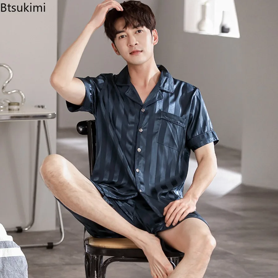 New 2025 Men's Summer Ice Silk Short Sleeved Shorts Two Piece Pajamas Set Thin and High-end Simulation Silk Cardigan Home Wear