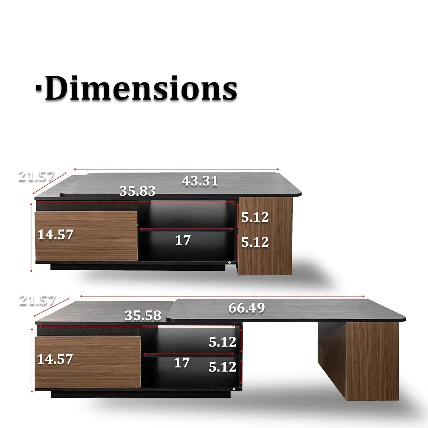 Extendable Coffee Table 48-66'' Rectangle With Drawers Storage Shelf Adjustable Coffee Table (Black/Walnut)