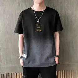 Summer New American Vintage Thin Gradient Men Trendy Short Sleeve T-shirt Round Neck Print Casual Fashion Loose Breathable Tops