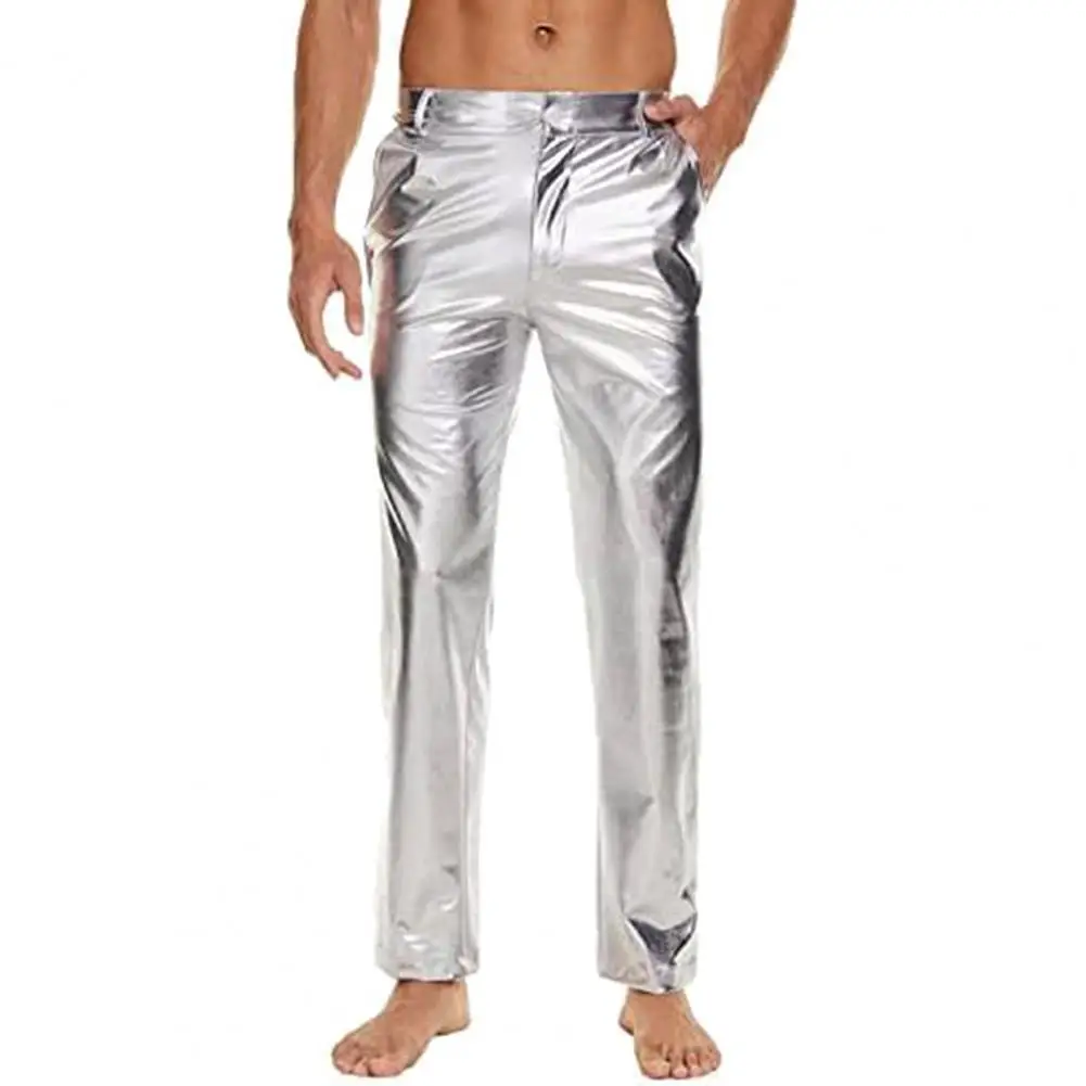 

Men Long Pants Stylish Men's Shiny Glossy Club Pants with Reinforced Pockets Casual Trousers for Night Out Mid-rise Button