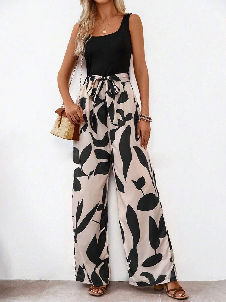 Fashion Casual Women\'s Holiday Printed Color Matching U-neck Vest Loose Wide Leg Jumpsuit