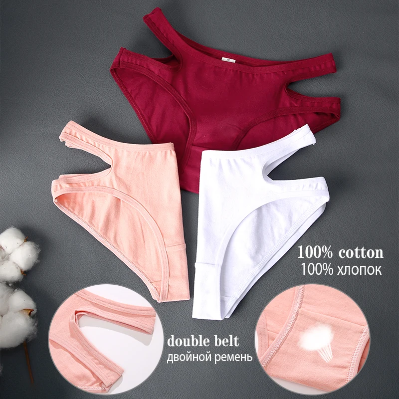 FINETOO 3PCS/Set Double Strap S-XL Women Cotton Panties Underwear Sexy Lingerie Underpant For Woman Female Intimates Girl Pantys