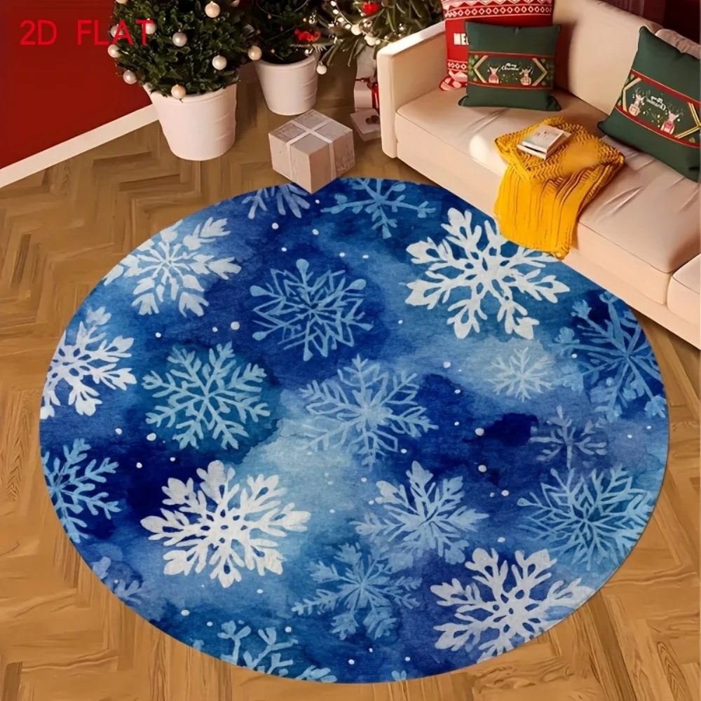 Winter Round Rug Santa Sleigh Reindeer Plaid Bell Spiral Snow Velvet Soft Non-slip Area Mat for Fireplace Hallway Display Scene