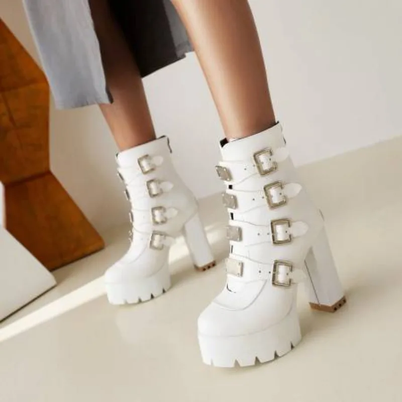 Plus Size 45 Motorcycle Boots Three-Breasted Metal Decoration Ultra-High Waterproof Platform Women's Boots