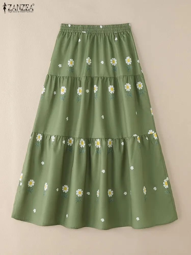 2025 ZANZEA Autumn Women Skirt Stylish Holiday Floral Printed Faldas Saia A Line Midi Robe Casual Elastic Waist Jupes Oversize