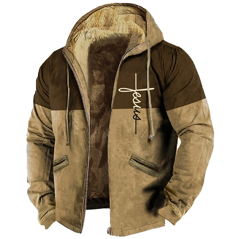 Winterjassen voor heren Fleeced herenjassen Opvulling Windjack Jezus Christus print Hoodies met rits Parka's Warme bovenkleding Sweatshirt