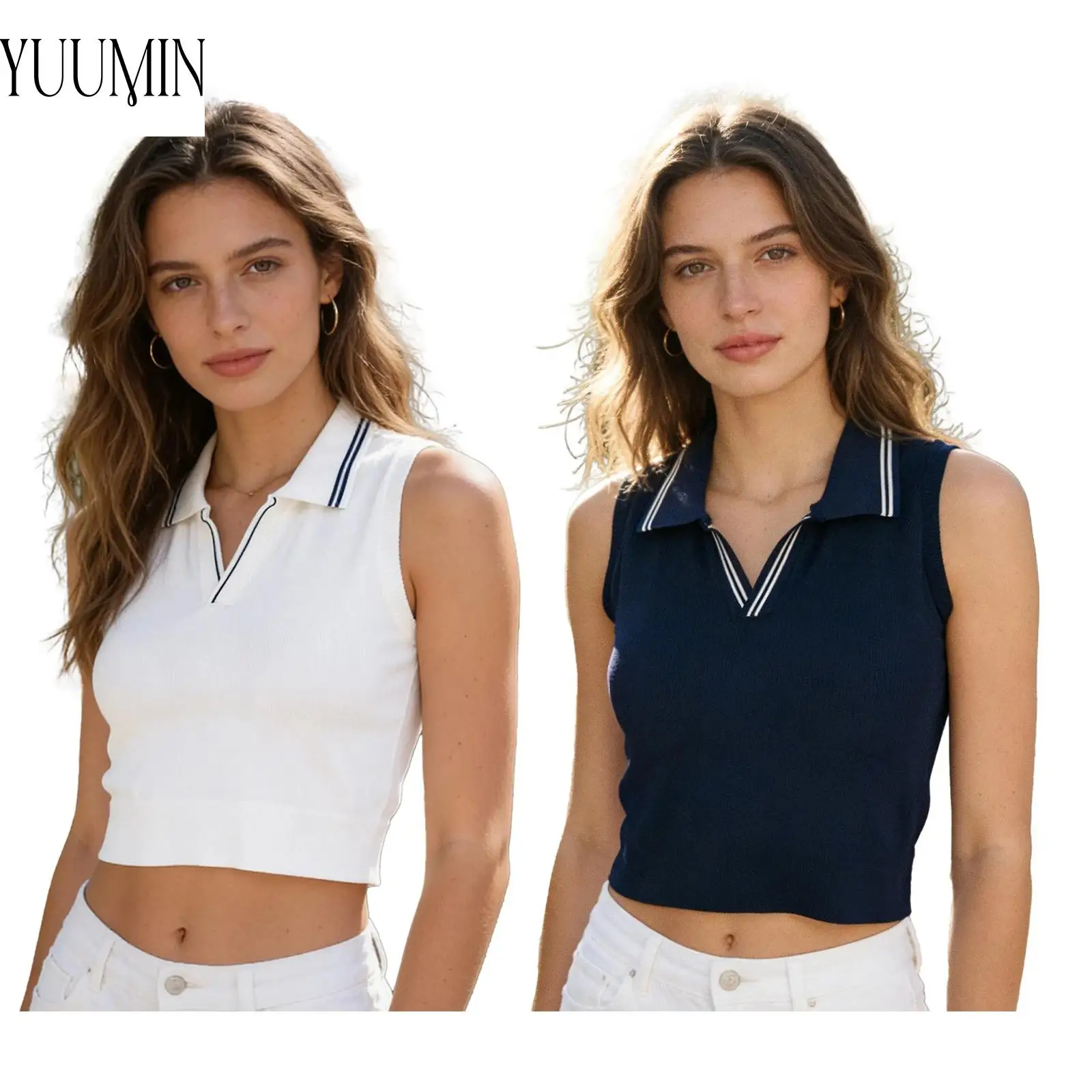 

Women Ribbed Tennis Tops Sportswear Striped Turn-Down Collar Sleeveless Crop Top Tennis Golf Yoga Workout Vest with Built-in Bra