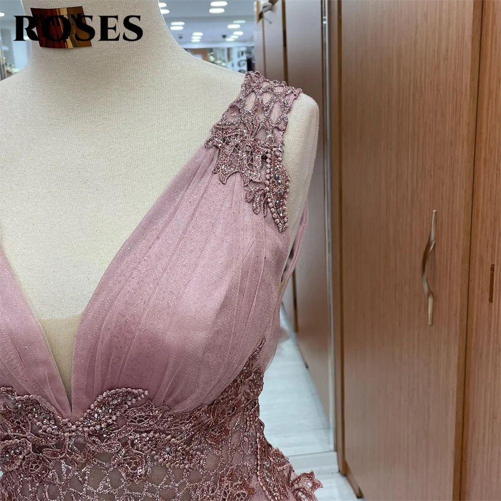 Rosas rubor elegante vestido de fiesta de boda Sexy, de línea A Apliques de encaje, vestido de celebridad para ocasiones especiales, batas personalizadas du soir