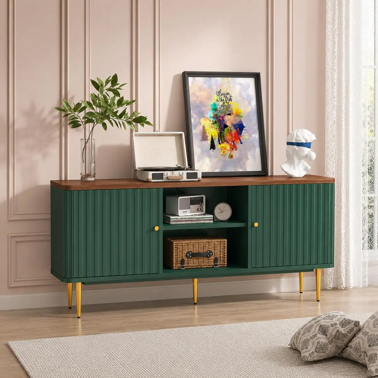 Mid Century Fluted TV Stand for 65 Inch TV, Green Entertainment Center w/ Storage & Open Shelves, Media Console w/ Gold Legs for