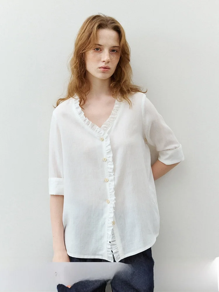 

White Lace Trim V-Neck Single Button Long Sleeve Women's Shirt Summer New Loose Top Korean Style Commute Wind Linen Blend