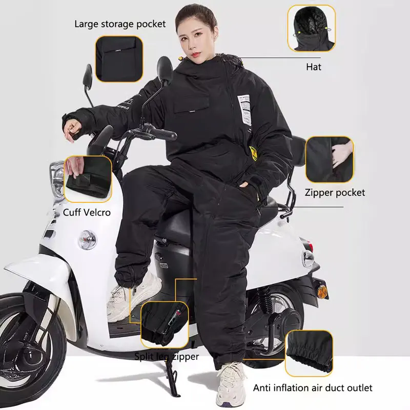 Couette de pare-brise de moto électrique avec fermeture à glissière au dos en velours, vêtements tout-en-un, vêtements d'équitation résistants au froid, hiver