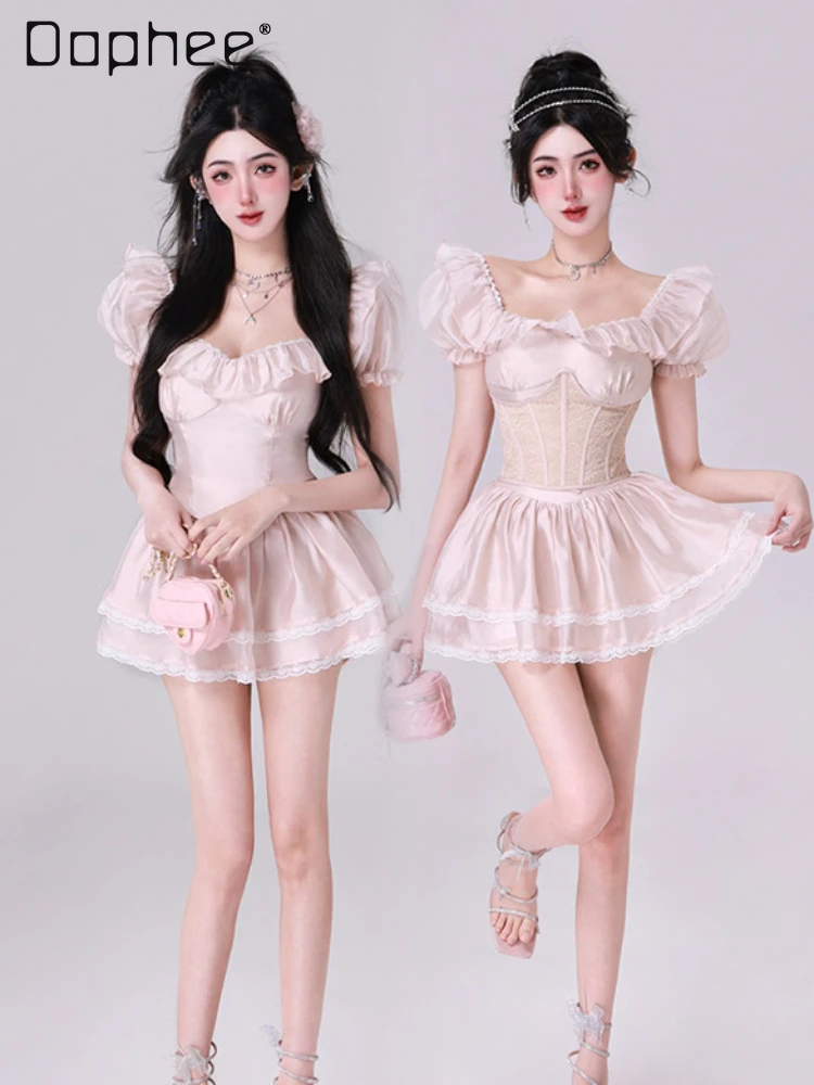 

2024 Summer Women New High Waist Puff Sleeve Slimming Champagne Pink Lady Fairy Sweet Style Lace Stitching Skirt Two-Piece Set