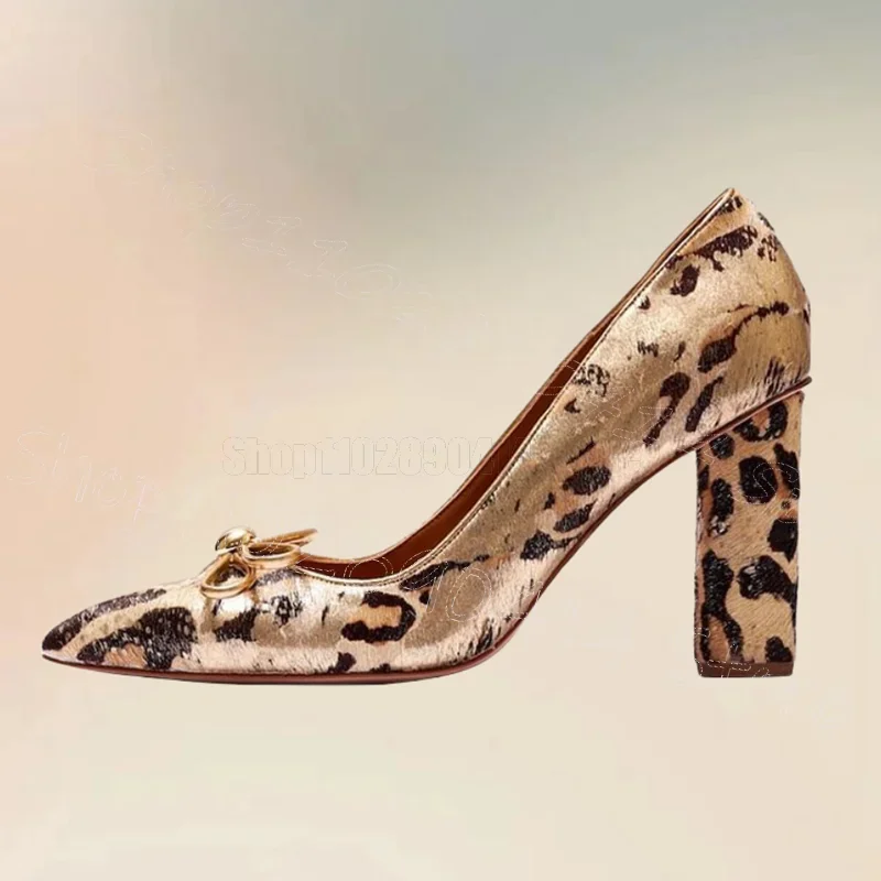 

Leopard Print Bow Knot Shallow Pointed Toe Pumps Slip On Women Shoes Chunky High Heels Party Banquet 2024 Zapatos Para Mujere