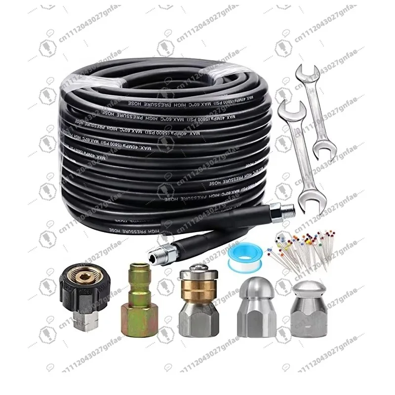 100FT Sewer Jutter Kit 5800PSI Drain Cleaner Hose for Pressure Washer 1/4 NPT Power Hose Button Nose and Rotary Jet