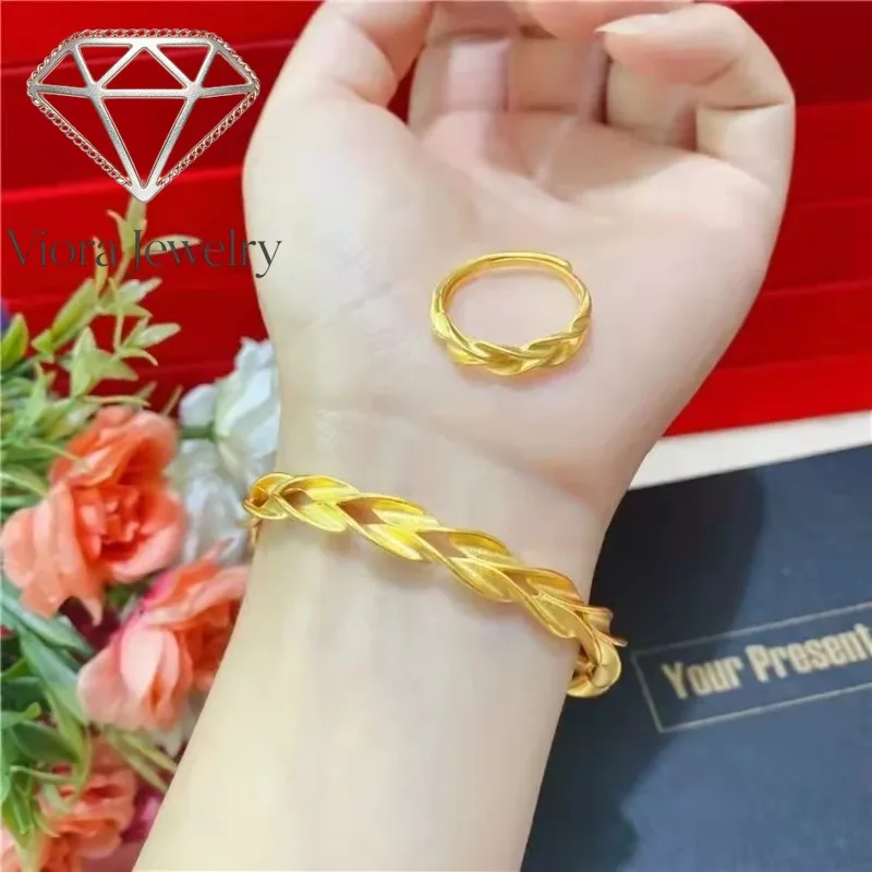 

Viora Jewelry 24K gold wheat ear matte open bracelet 9999 real gold wheat ear matte ring bracelet set women's jewelry