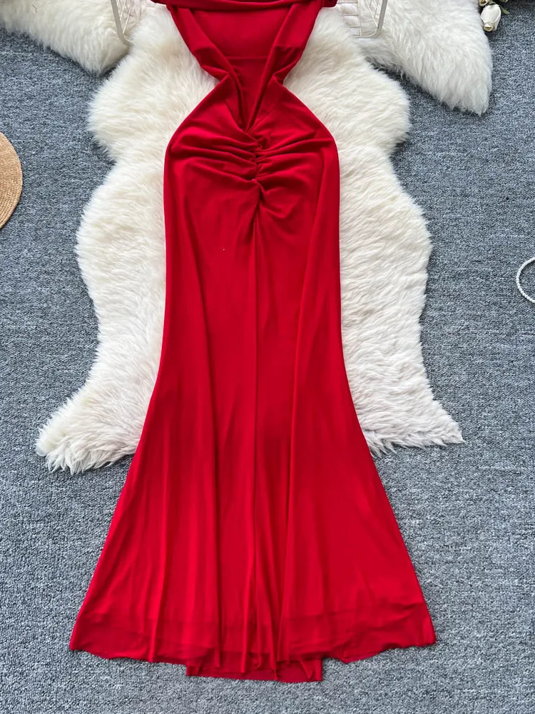 Ele Damen-Rock, lang, Dr, hohe Taille, A-Linie, Design, gefaltet, One-Shoulder, schmale Passform, figurbetont, hochwertig, koreanisches Sle