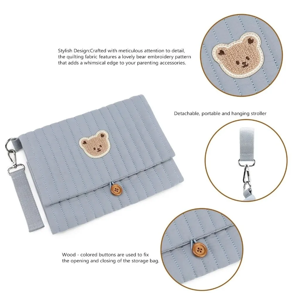 Cute Baby Hanging Diaper Bag Multi-Compartment Cartoon Bear Foldable Storage Pouch Multiple Solid Colors Detachable Strap