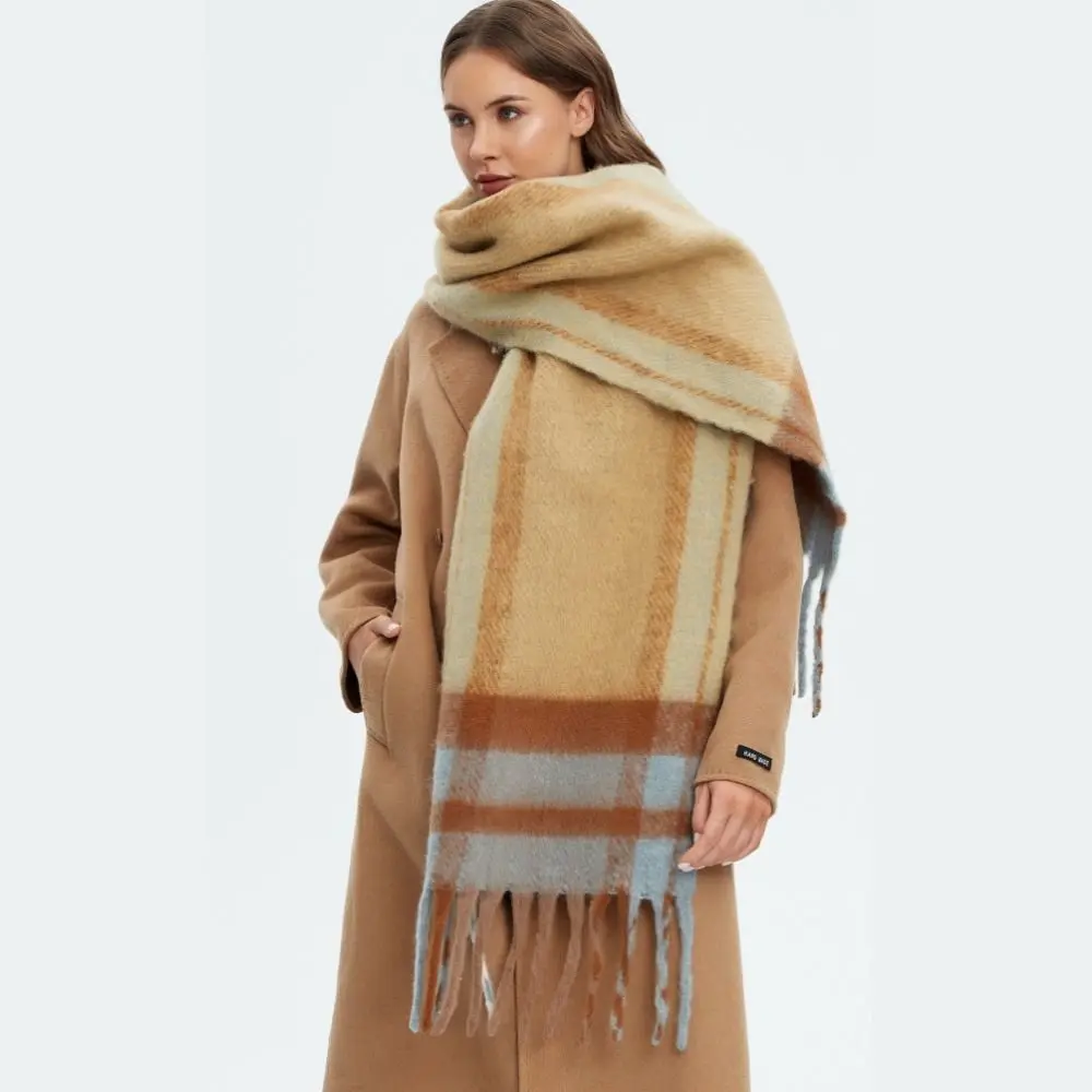 Elegant Mohair Plaid Wool Scarf Long Thick Rainbow Tassel Shawl Preppy Korean Style Women Cape Women/Men