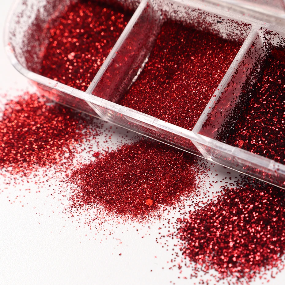 12 Grids Red Heart Valentine Nail Glitter Sequins Fine Chrome Powder 3D Hexagon Flakes Dust French Manicure Wedding Nail Decor