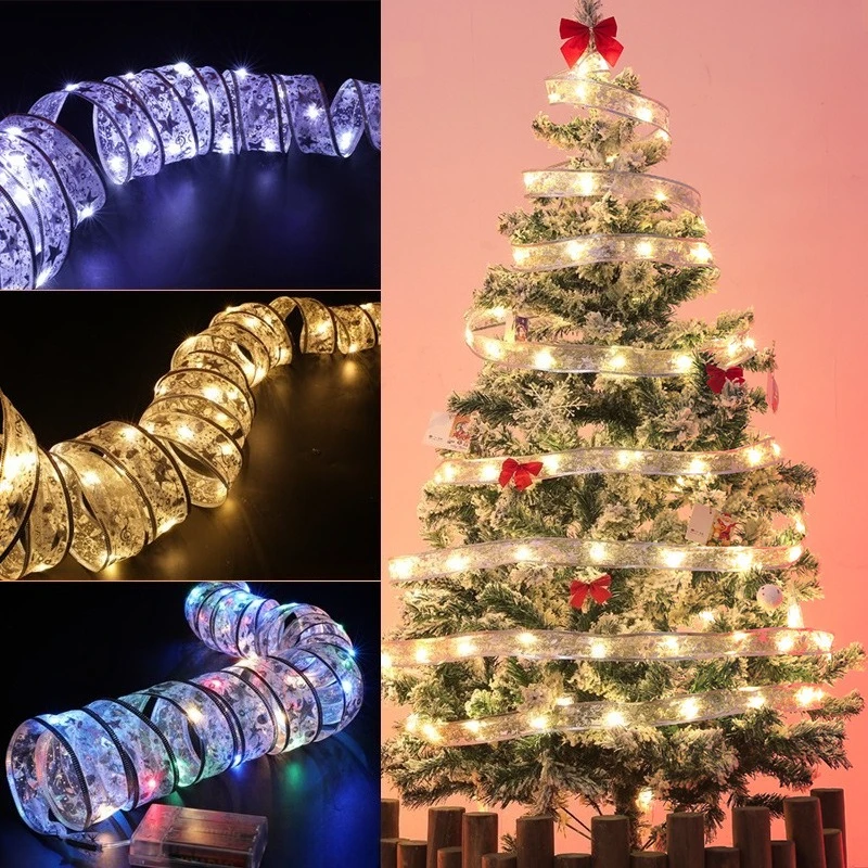

Christmas Ribbon Fairy Light String Lights Battery Operated Christmas Tree Decor for Home 2025 Xmas DIY Bows New Year 2026 Decor