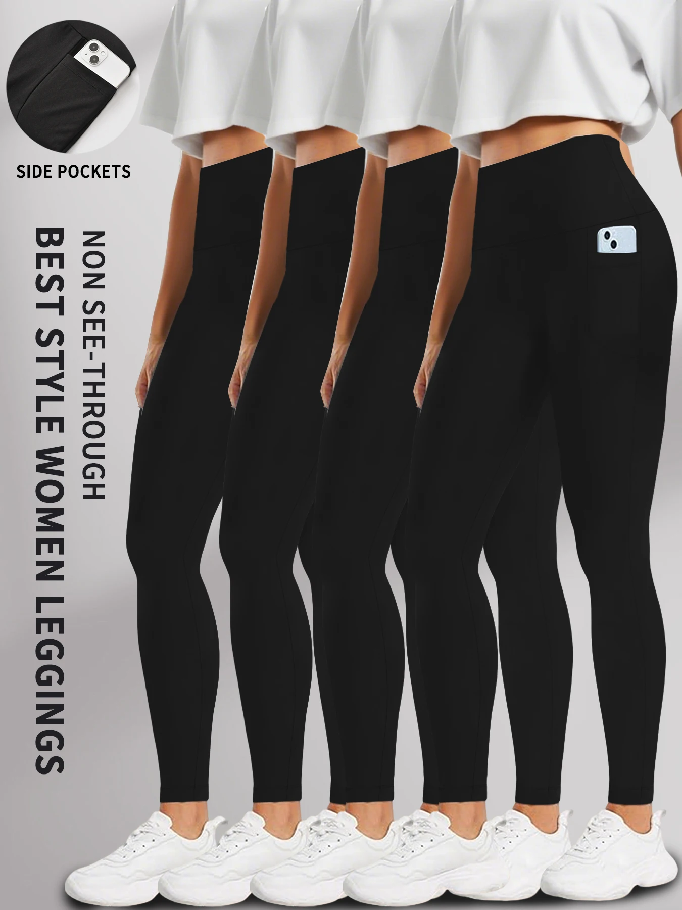 4 Pack Super Soft Leggings with Pockets for Women, High Waisted Tummy Control Workout Yoga Running Pants Leggings