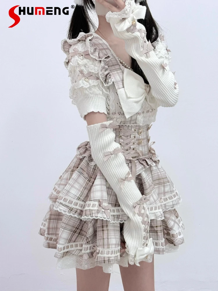 

Комплект в японском стиле: топ Liz и юбка в клетку, с жемчужной цепочкой, бантом-сердечком, пышными рукавами, милый вязаный топ для женщин