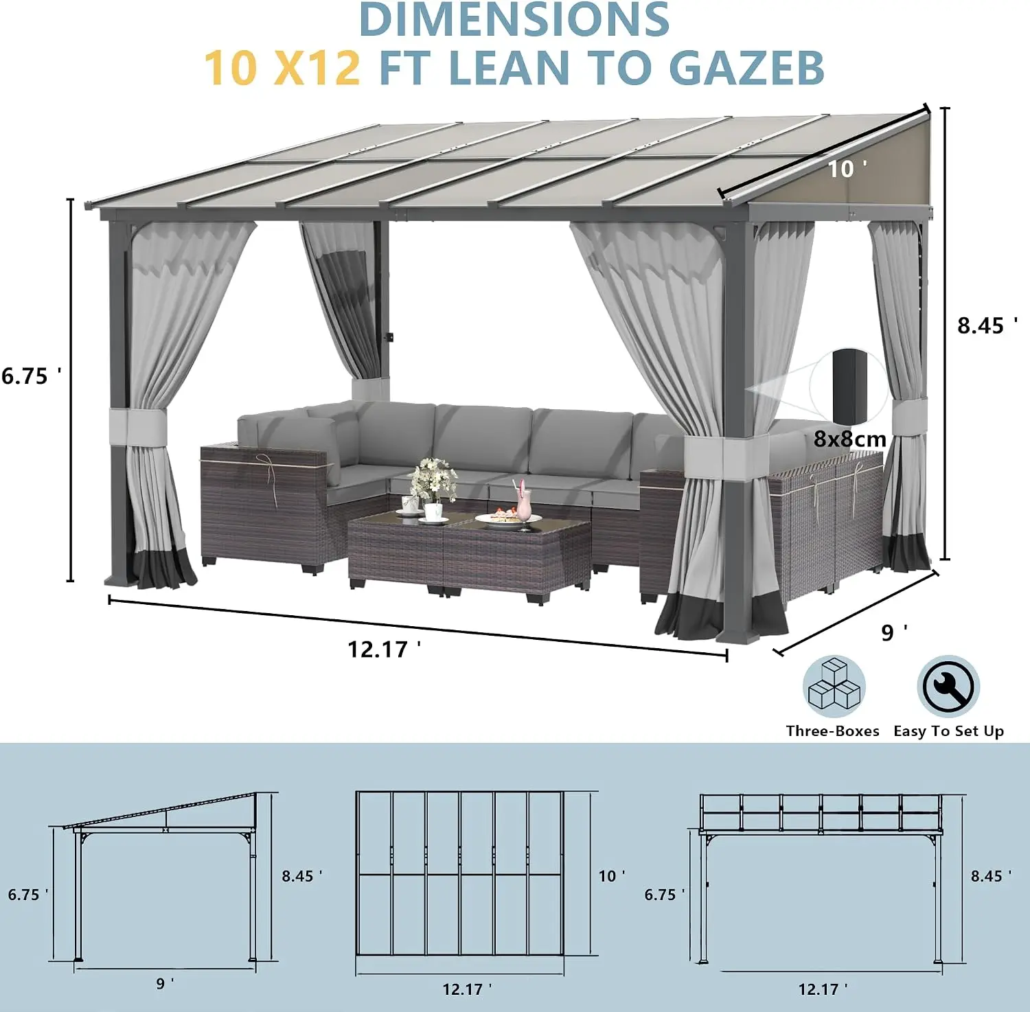 10’ x 12’ Wall Mount Gazebo Outdoor Pergola, Hardtop Lean to Gazebo Canopy Awnings with Sloped Roof and Sturdy Steel Frame, for