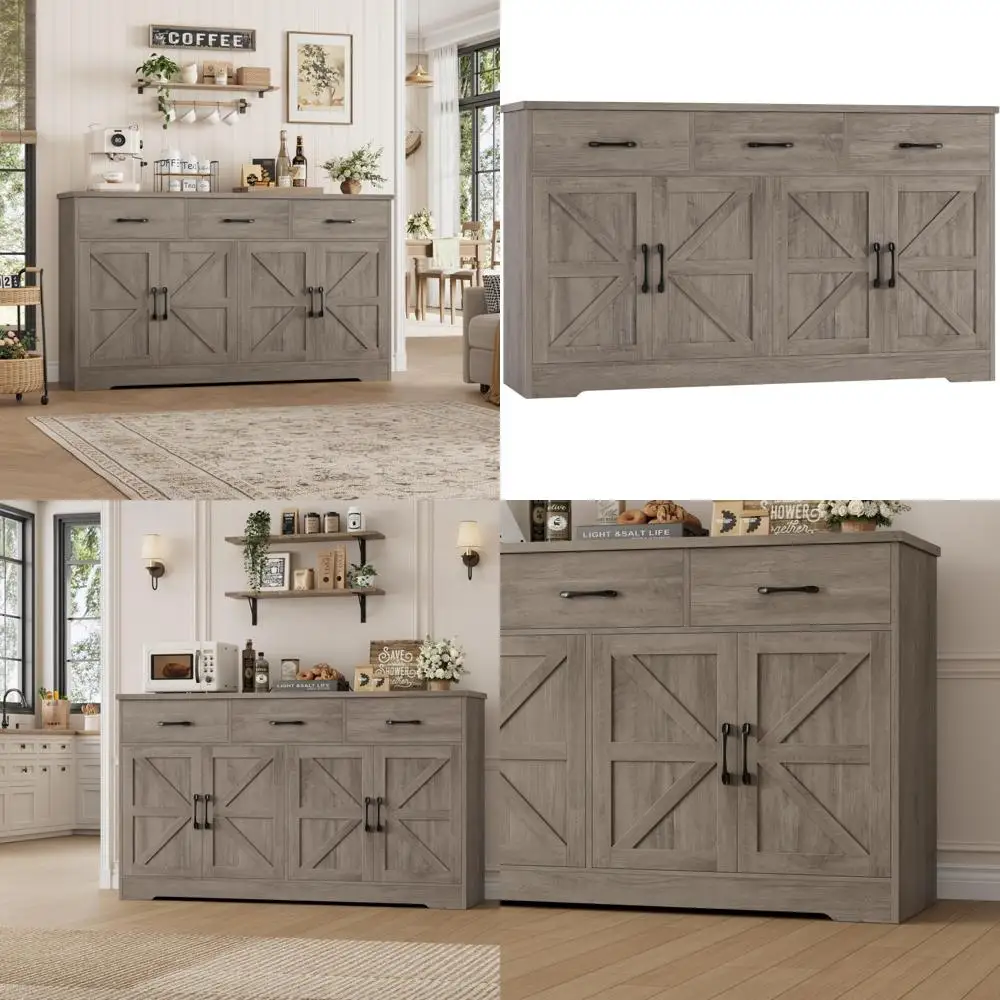 Farmhouse Style Large Buffet Cabinet with Storage, 3 Drawers Kitchen Sideboard, Wood Coffee Bar