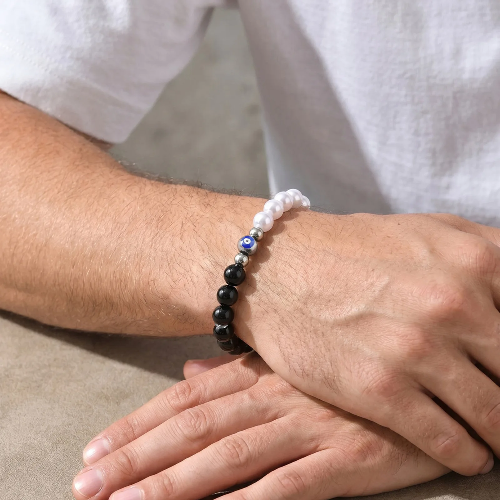Böser-Blick-Perlenarmband für Männer und Frauen, Schwarzes Onyx-Perlenarmband, Talisman-Schmuckgeschenk – Detail 3