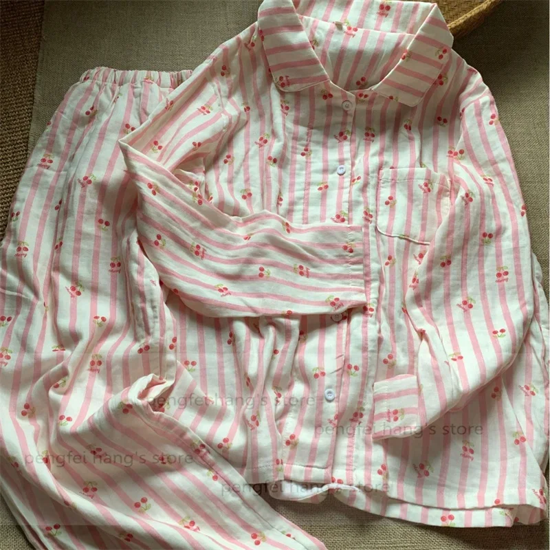 

100% хлопок Pijama Mujer, розовая полосатая домашняя одежда с вишневым принтом, милая одежда для сна, женская домашняя одежда, пижамные комплекты с длинными рукавами из 2 предметов