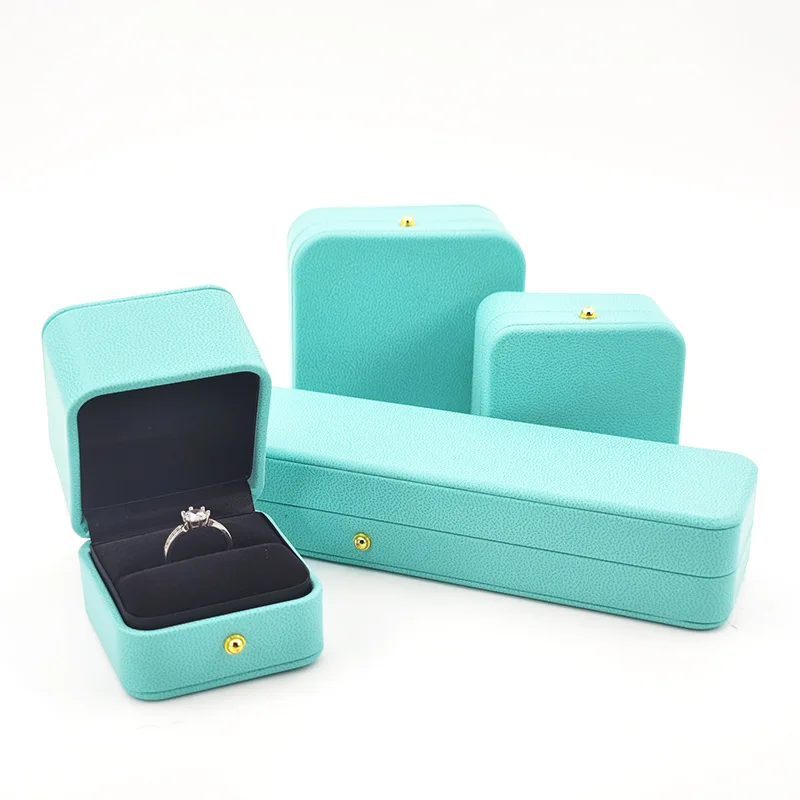 Premium PU Leather Jewelry Box Gold Button Round Corner Ring Earring Pendant Display Case Wedding Gift Packaging