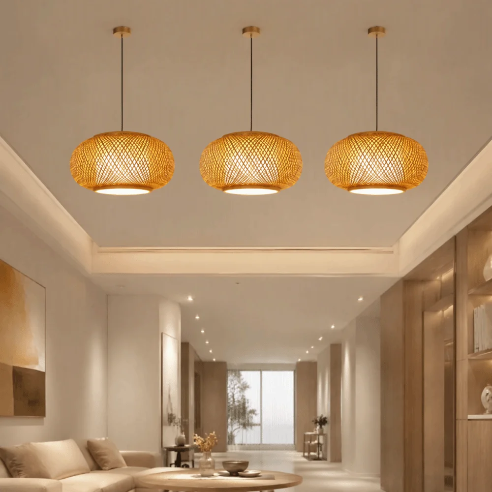 Home Decor Hand Knitted Bamboo Pendant Lamp Braided Woven Rattan Pendant Lamp Wooden Rustic Ceiling Light Living Room
